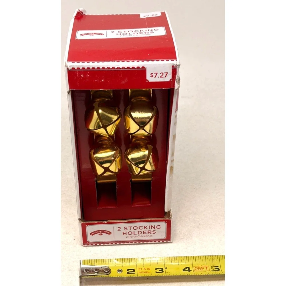 Holiday Time Gold Jingle Bell Stocking Holders Set of 2 Mantel Hangers